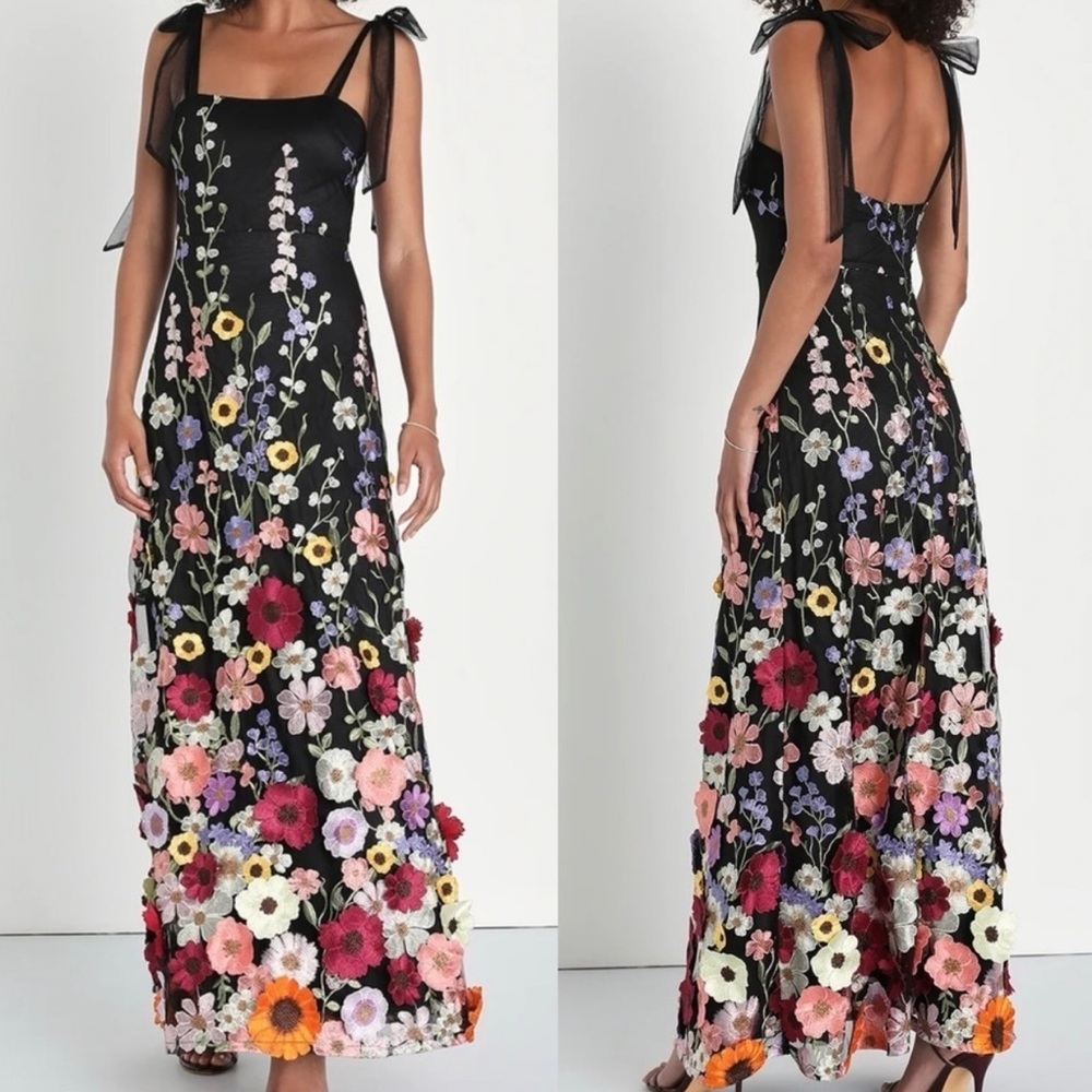 Lulu's Black Maxi Dress with Multicolor Floral Applique & Tie Shoulders